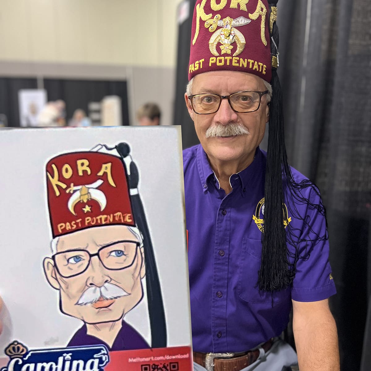 Older gentleman holding his prized caricature sketch at a trade show booth.