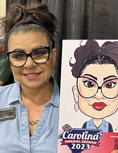 Southern lady posing with her digital caricature