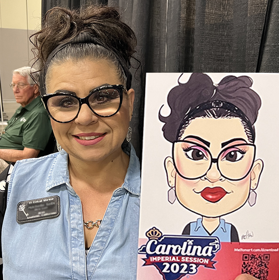 Southern lady posing with her digital caricature