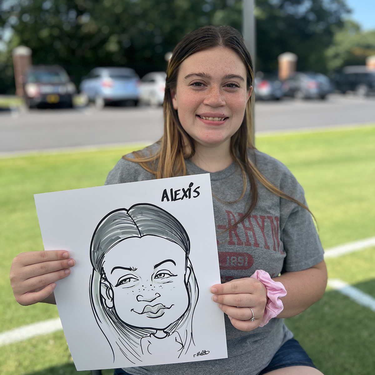 College freshman girl with caricature.