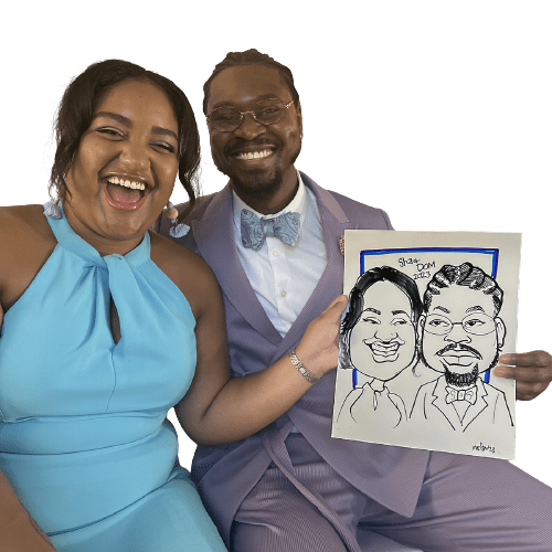 Couple enjoying a Caricature at a wedding.