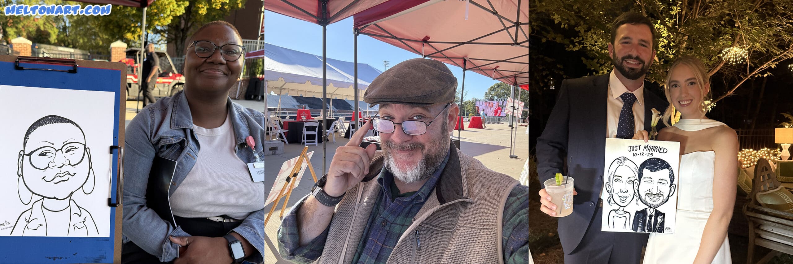 Raleigh Caricature Artist poses with some of his work