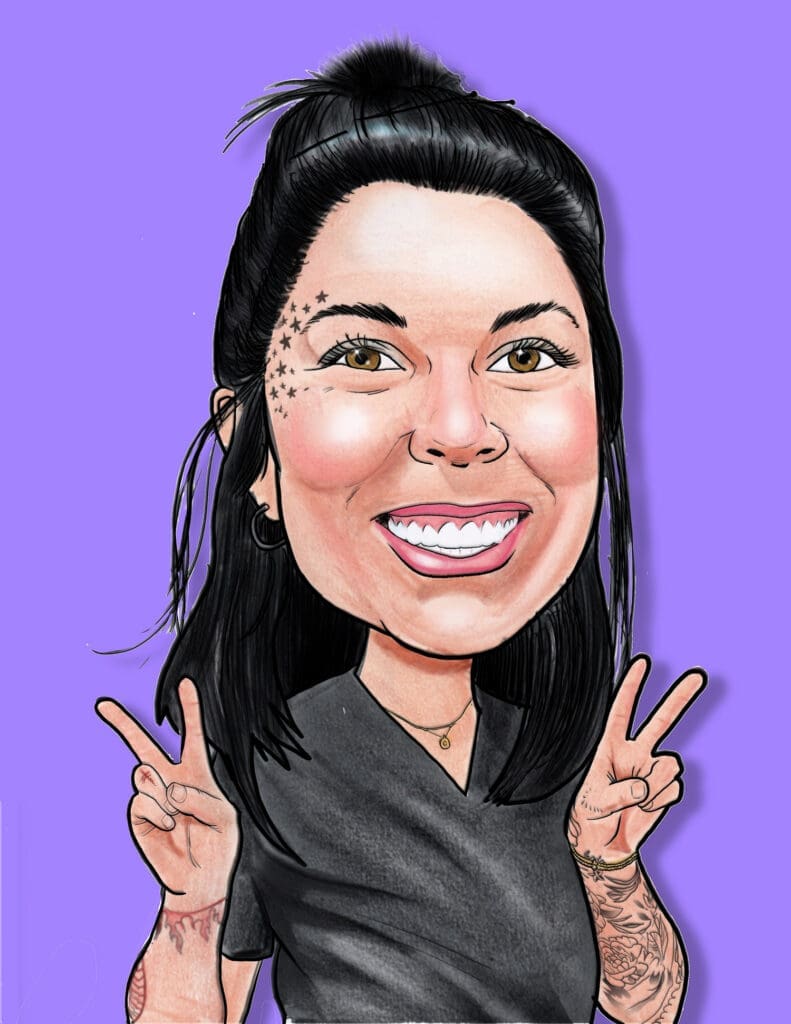 illustration of a dark hair girl with tattoos giving 2 peace symbol gestures with hands in upright position