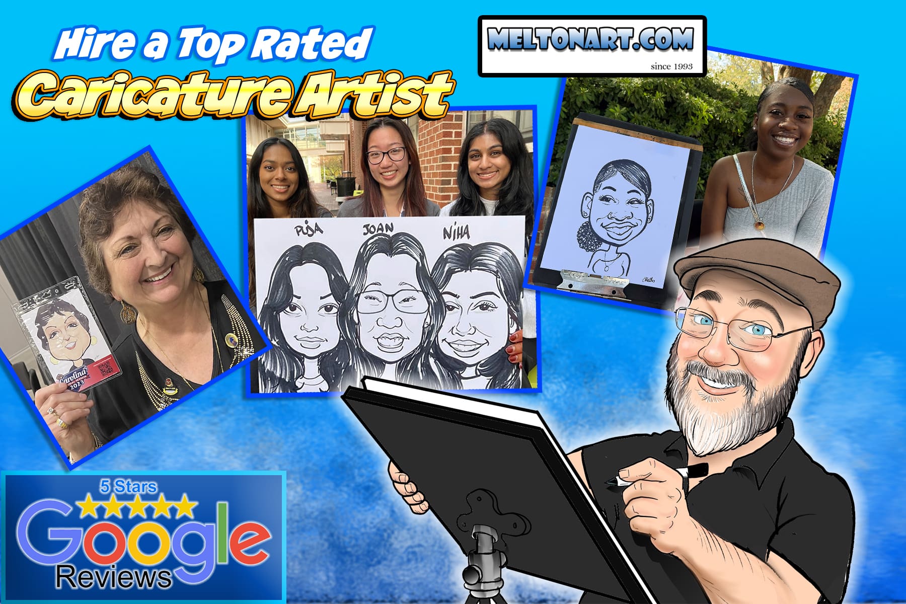 A caricature of Eric Melton also known as MeltonArt holding a logo with the name meltonart.com on it.