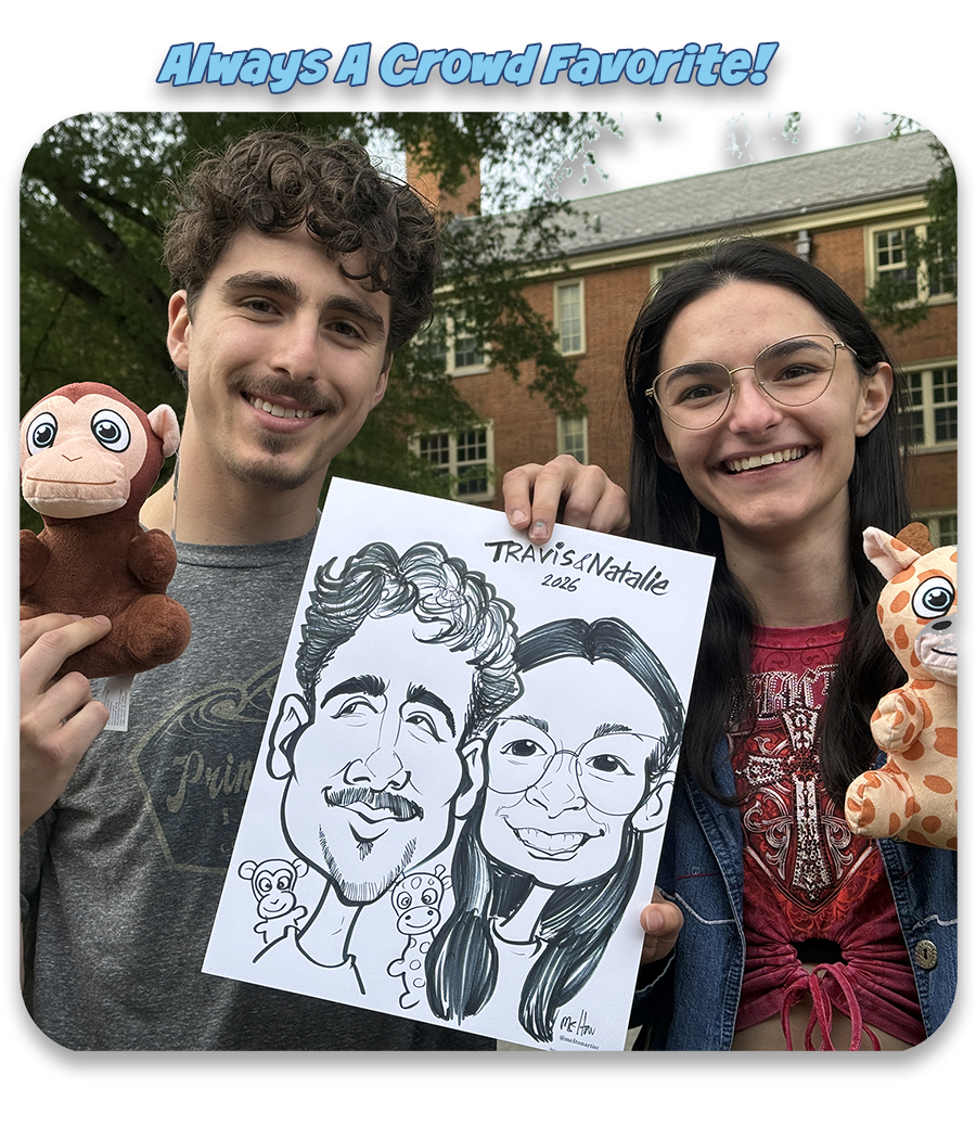 college students with small stuffed animals holding their caricature sketch